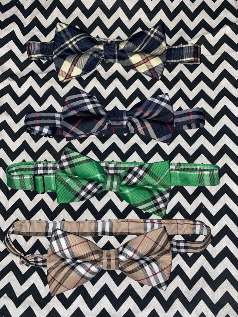 Set of 4: Plaid Bow Tie Set — Navy, Black, Green & Tan